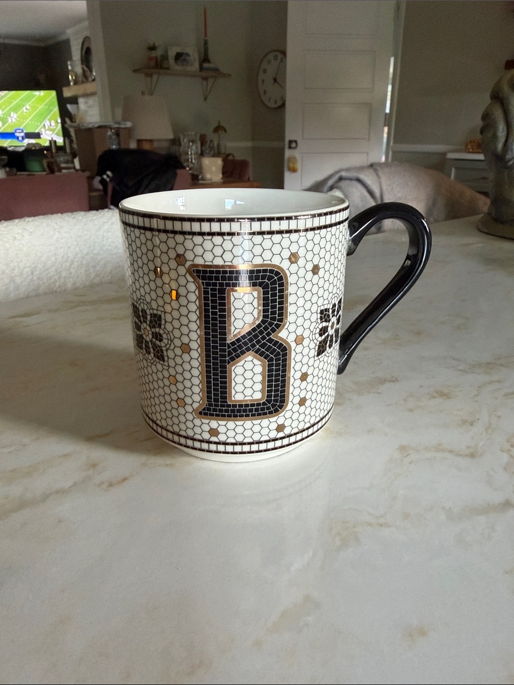 Anthropologie Cream, Black & Gold Mosaic 'B' Ceramic Mug
